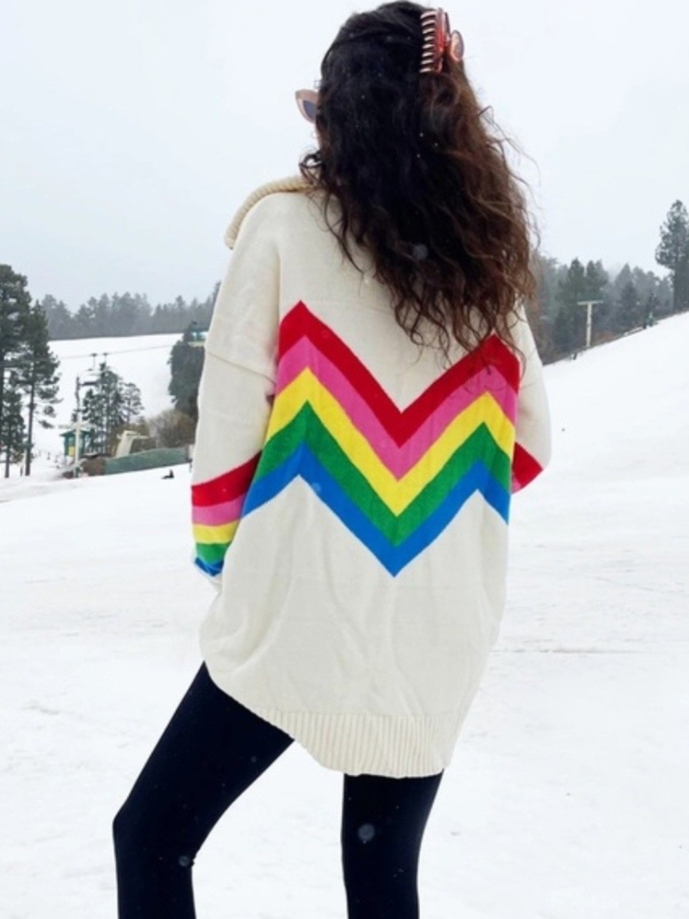 Cream Chevron Zip-Neck Sweater with Rainbow Stripes - Picture 3 of 6